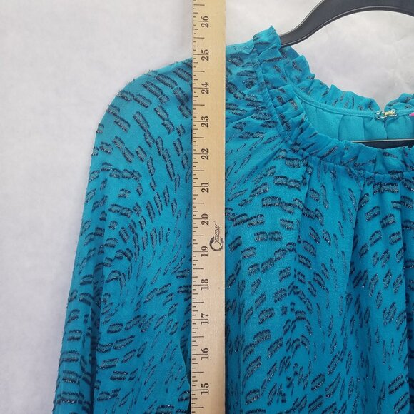Lilly Pulitzer Caline Blouse Women M Teal Bay Silk Swirl Clip Silver Puff Sleeve - Picture 14 of 16